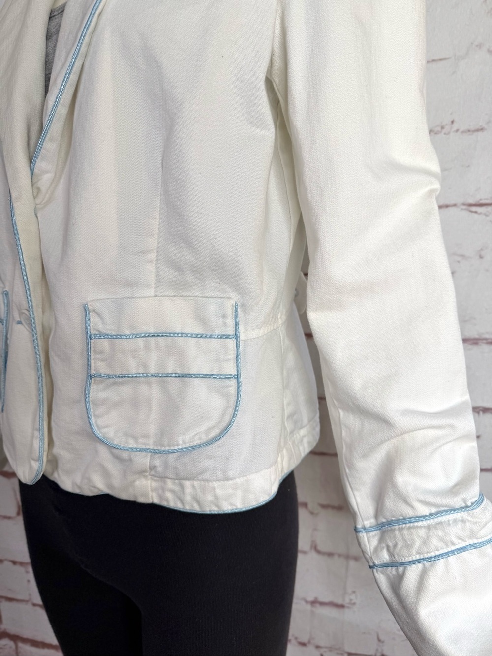 Y2K VINTAGE JUICY COUTURE JEANS White Twill Blue Piping Blazer Jacket Size XL - Picture 7 of 15